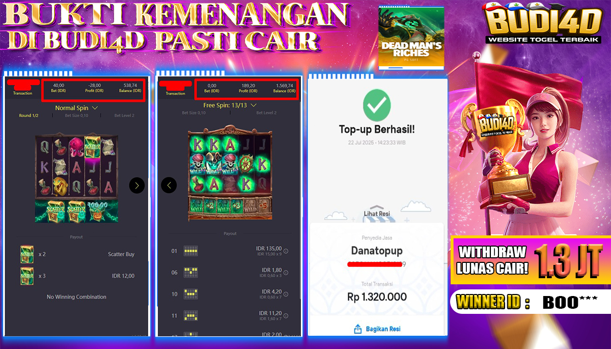 BUDI4D JACKPOT USERID:  BOO**** SLOT PGSOFT DEAD MENS RICHES Rp.1.320.000,- LUNAS